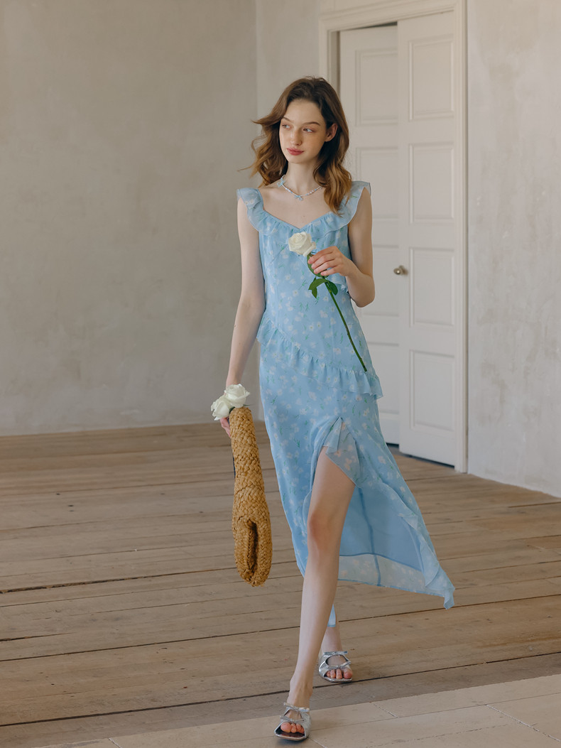 Buy Romantic Light Blue Floral Dress Chiffon Midi Dress - Megustas