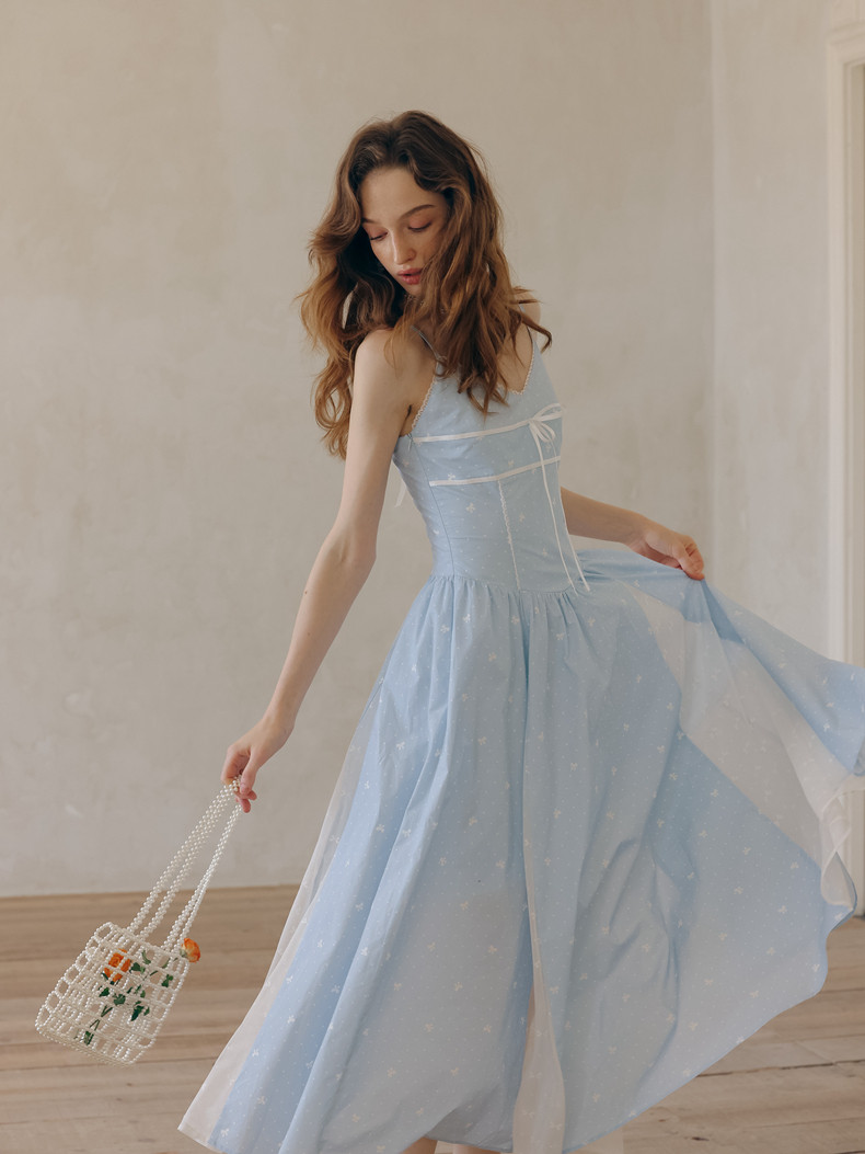 High Waist Seam Spaghetti Strap A-Line Light Blue Dress