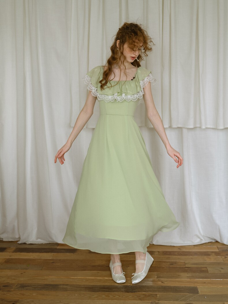 Mint Green High Waist Lace Trim A-Line Dress