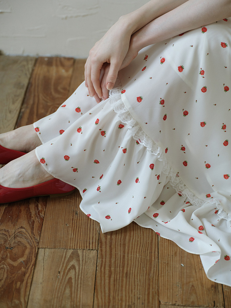 White Red Cherry Bow Wide Strap Dress