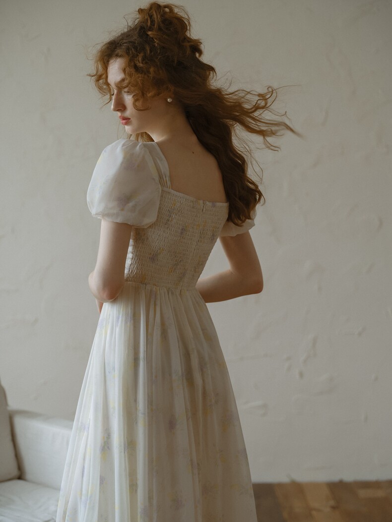 Square Neck Smocked Puff Sleeve Cream Dress