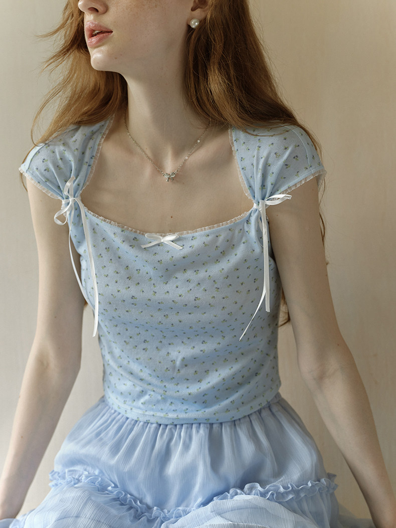 Light Blue Floral Shoulder Bow Short Sleeve Tee