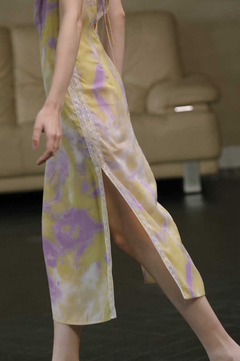 Yellow Purple Watercolor Cowl Neck Slip Dress
