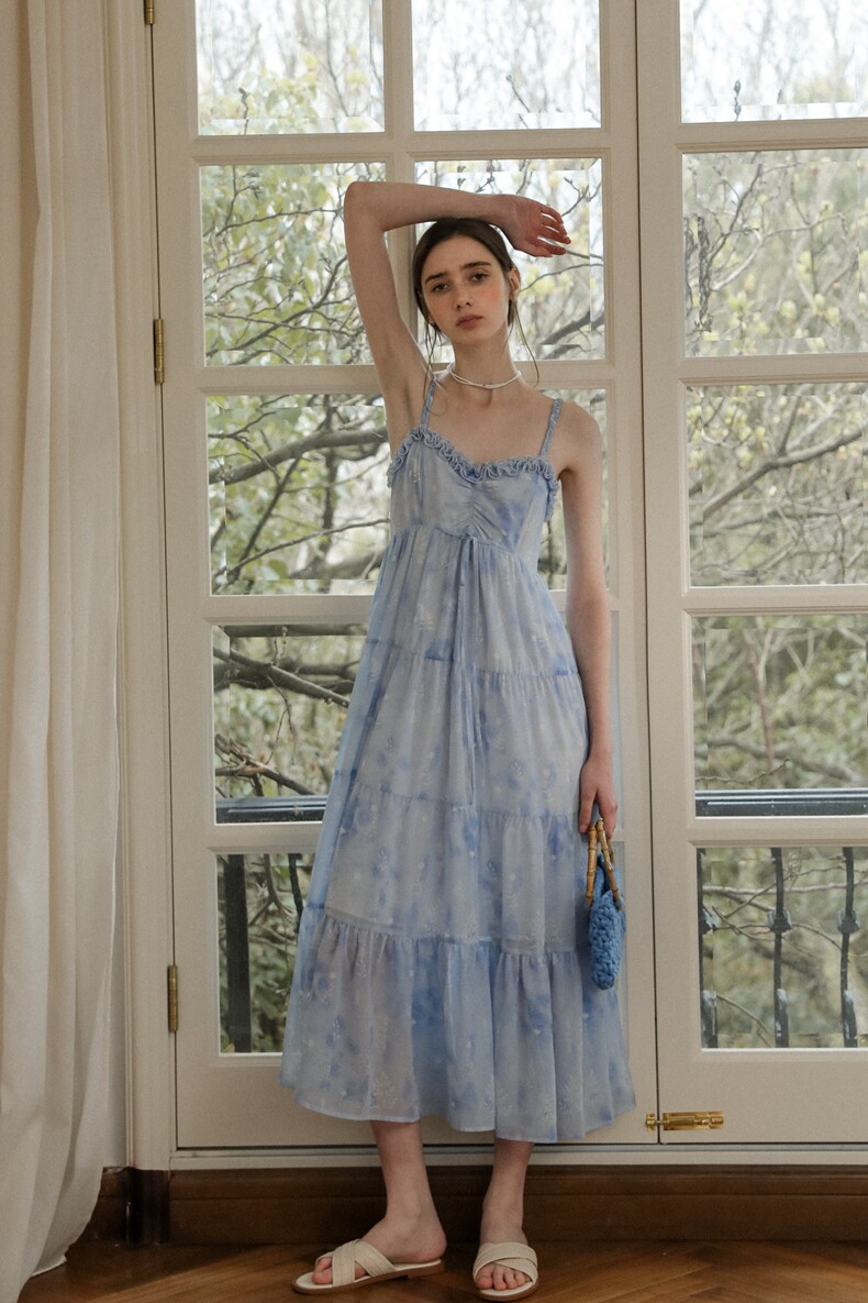 Light Blue Watercolor High Waist Tiered Slip Dress