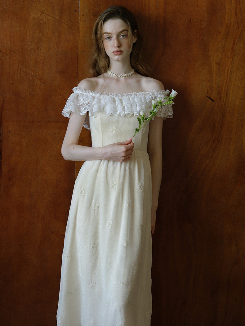 Buy White Lace Cottagecore Dress Ruffle Trim Embroidered Midi Dress - Megustas
