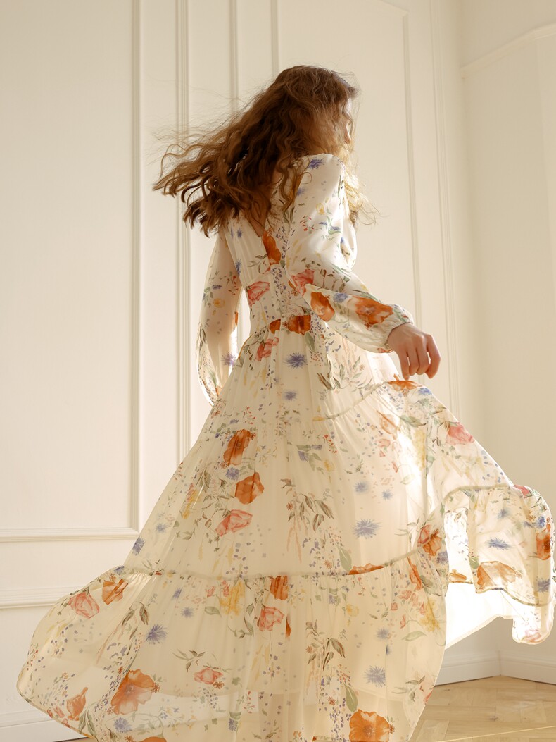 Buy Elegant Floral Long-Sleeve Chiffon V-Neck Dress - Megustas