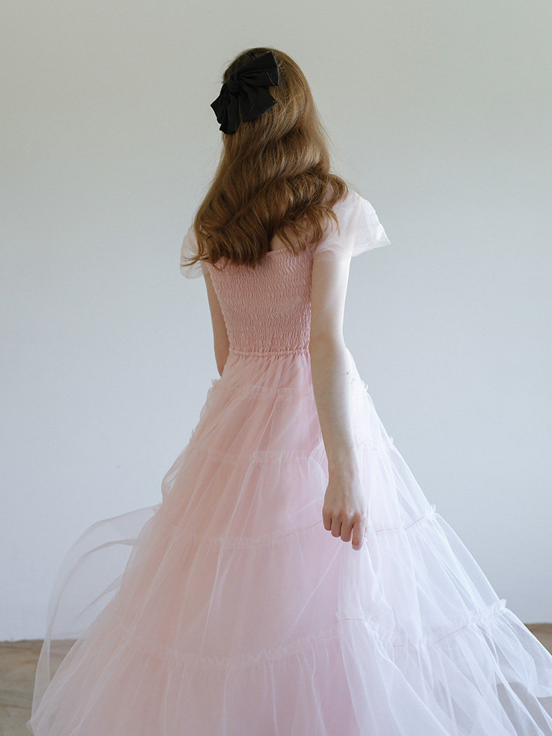 Buy Soft Pink Tiered Tulle Dress Puff Sleeve Romantic Midi - Megustas