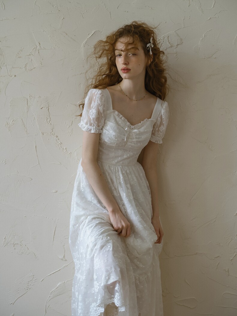 Buy Vintage White Lace Dress, Puff Sleeve A-Line Midi Dress - Megustas