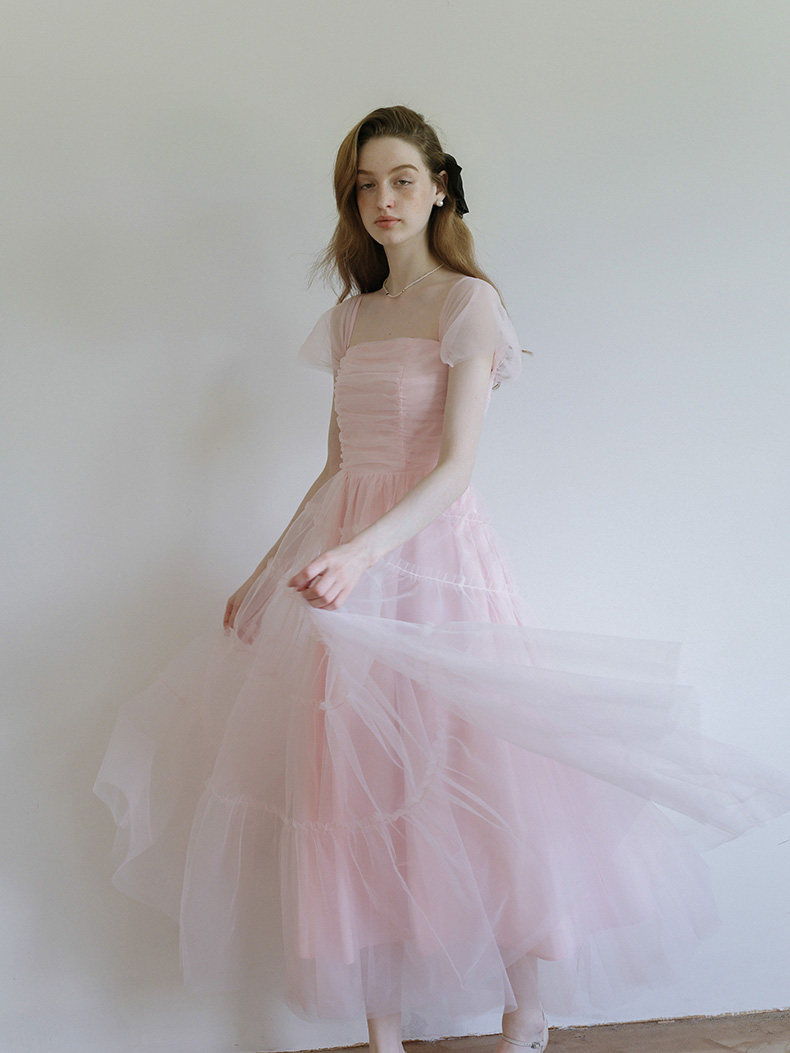 Buy Soft Pink Tiered Tulle Dress Puff Sleeve Romantic Midi - Megustas