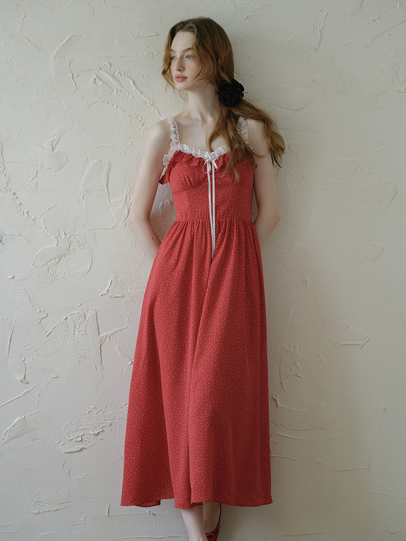 Buy French Retro Red Polka Dot Lace Dress  - Megustas