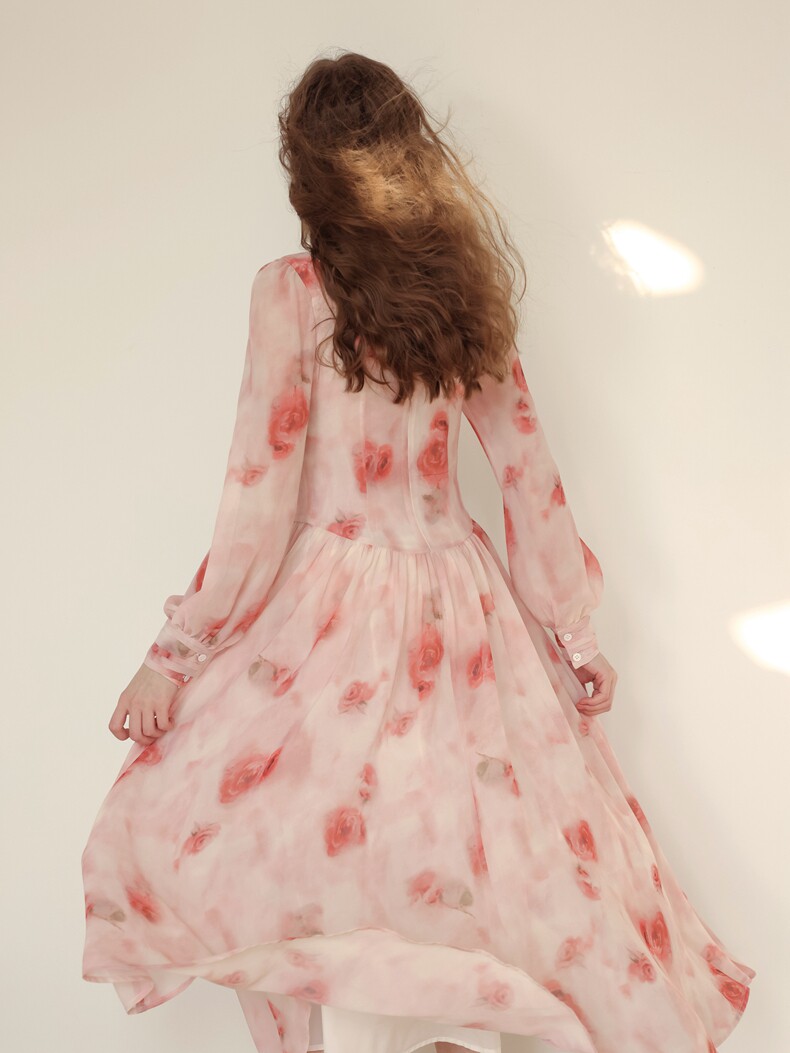 Romantic Rose Print Long Sleeve Dress