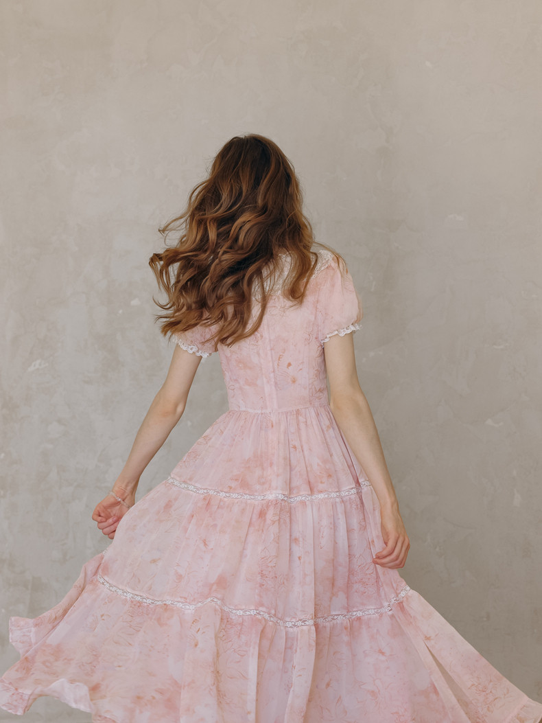 Lace Trim Puff Sleeve Pink Midi Dress
