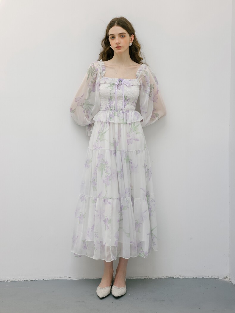 White Floral Smocked Square Neck Midi Dress