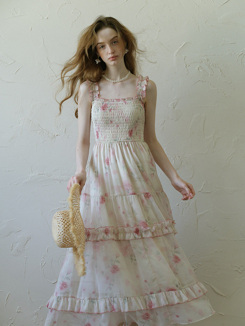 Buy Romantic Rose Floral Ruffle Tiered Maxi Dress, Flowy Summer Sundress - Megustas
