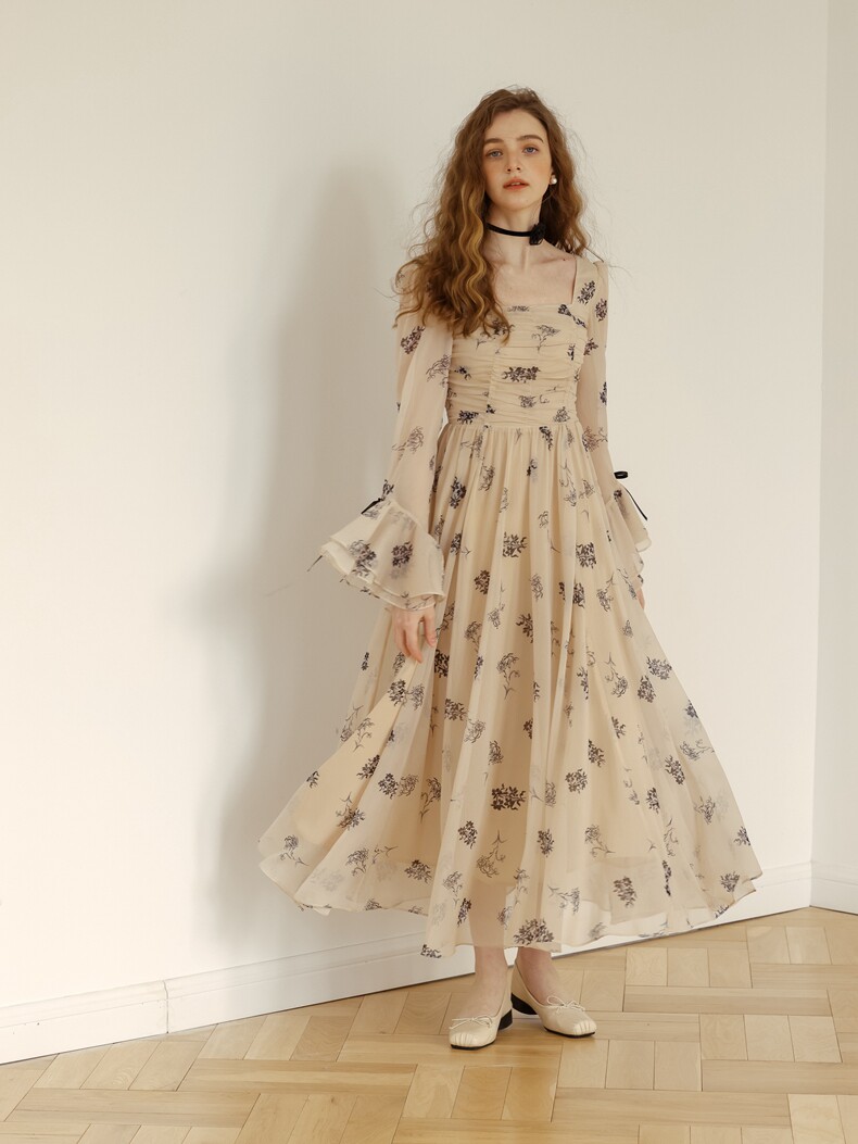 Beige Floral Sheer Sleeve High Waist Dress