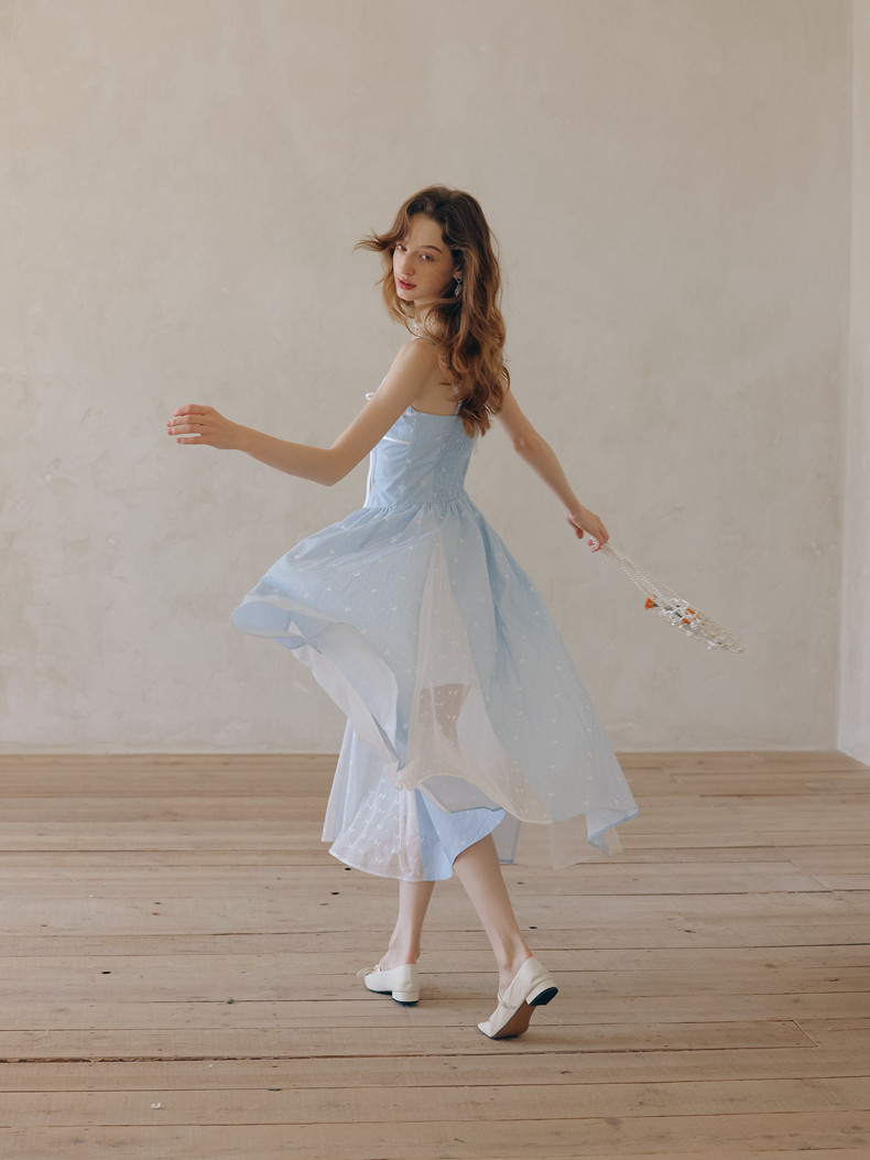 High Waist Seam Spaghetti Strap A-Line Light Blue Dress