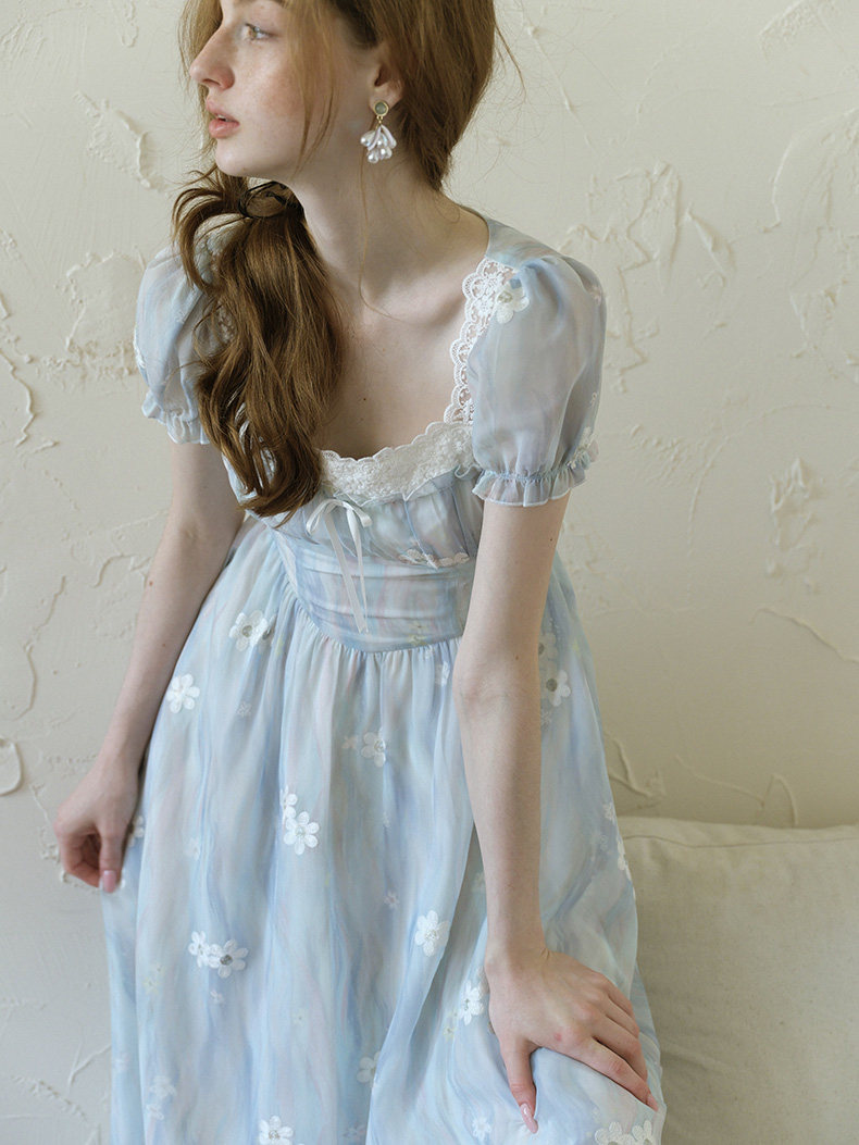 Lace Square Neck Puff Sleeve Blue Floral Dress