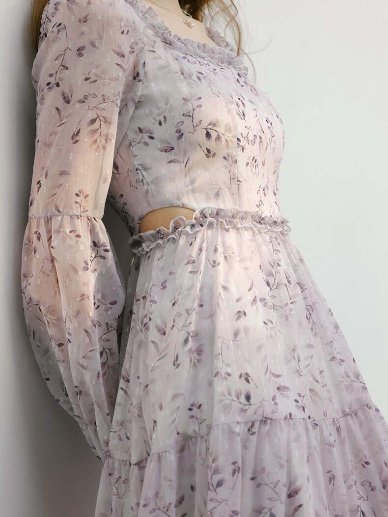 Long Sleeve Ruffle Trim Tiered Floral Dress