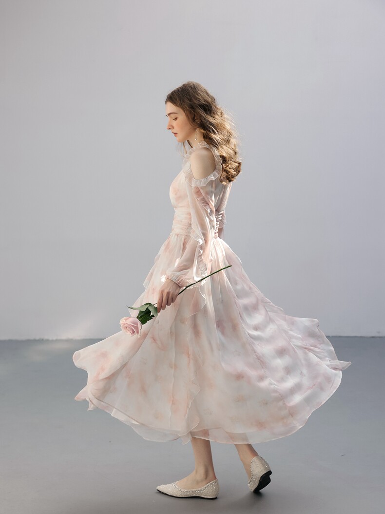 Cutout Shoulder Ruffle Sleeve Watercolor Dress
