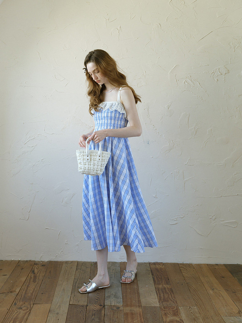 Blue White Plaid Lace Trim Slip Dress