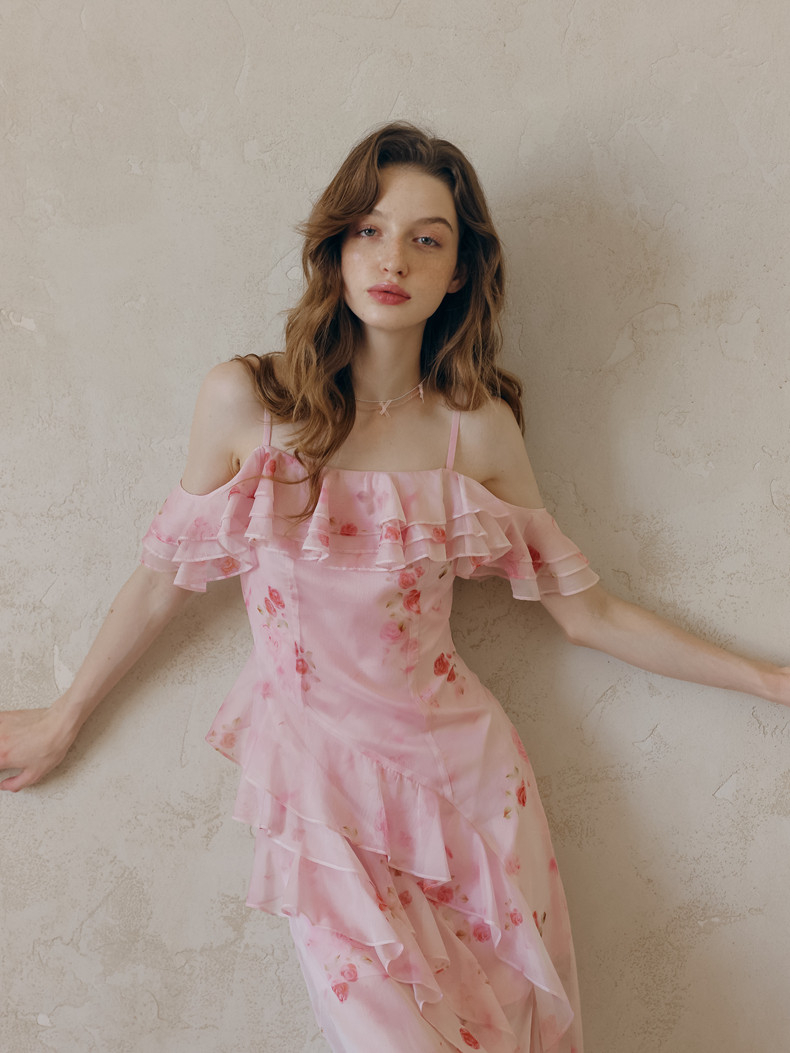 Buy Romantic Chiffon Pink Rose Print Off-Shoulder Dress Ruffle Tiered Midi Dress - Megustas