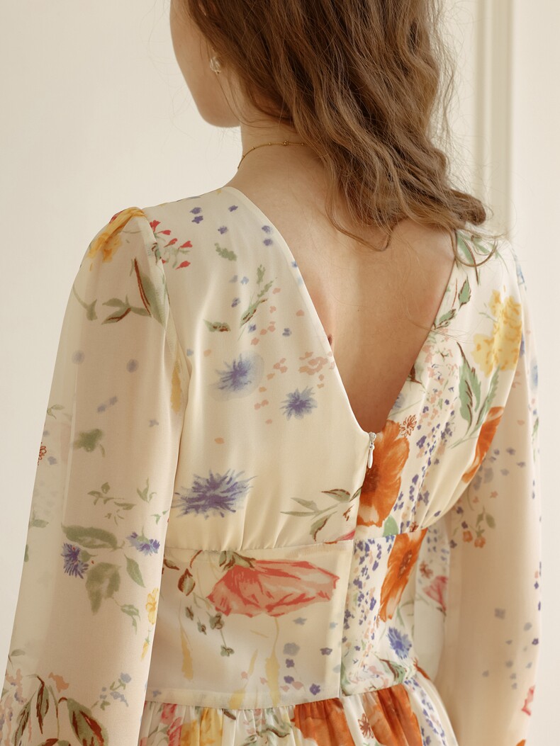 Buy Elegant Floral Long-Sleeve Chiffon V-Neck Dress - Megustas