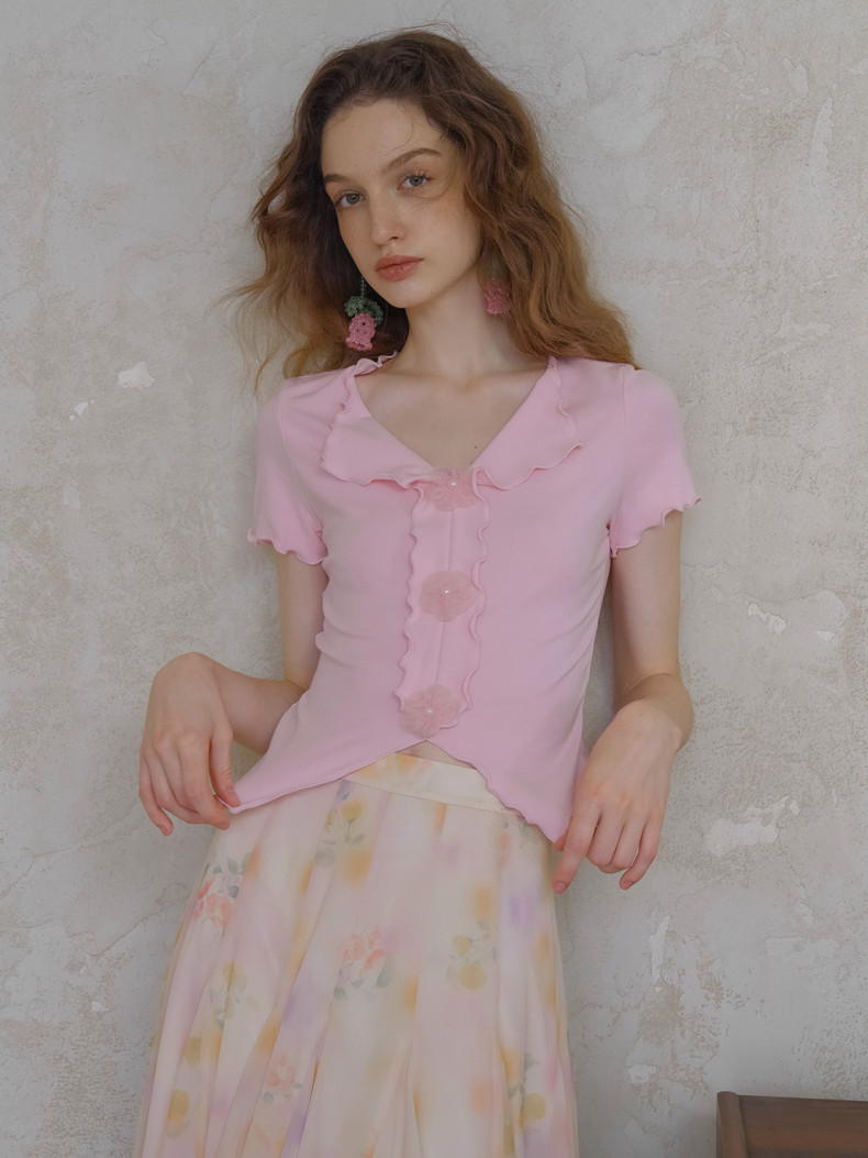 Buy Ruffle Floral Button Short Sleeve Women's T-shirt - Megustas