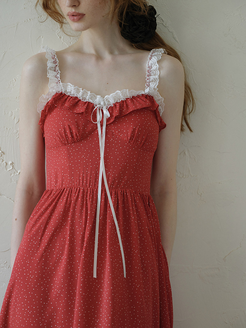 Buy French Retro Red Polka Dot Lace Dress  - Megustas