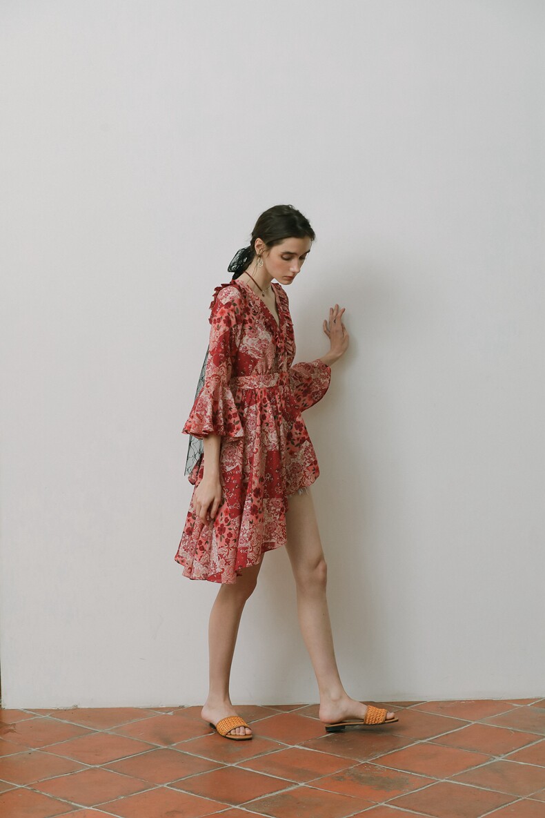 Red Print Waisted Ruffle A-Line Short Dress