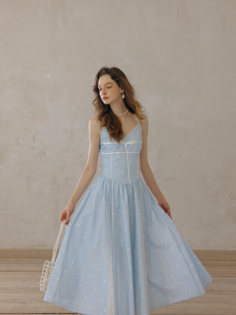 High Waist Seam Spaghetti Strap A-Line Light Blue Dress