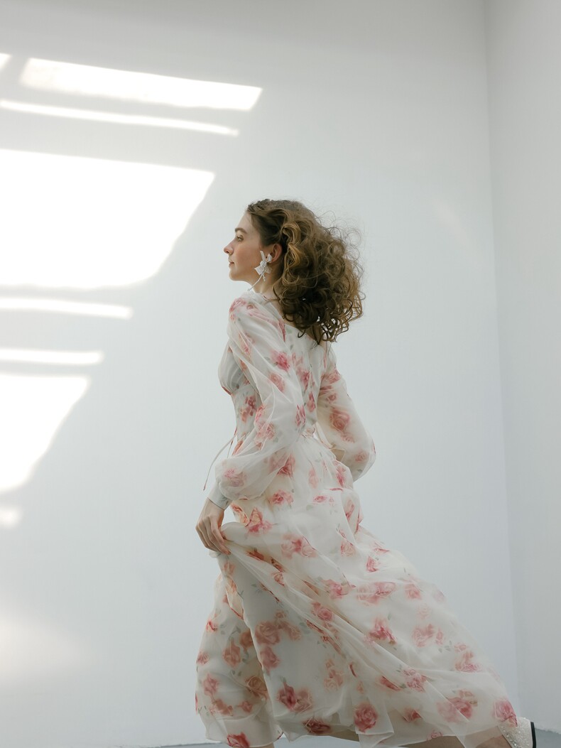 White Pink Floral Smocked High Waist Dress