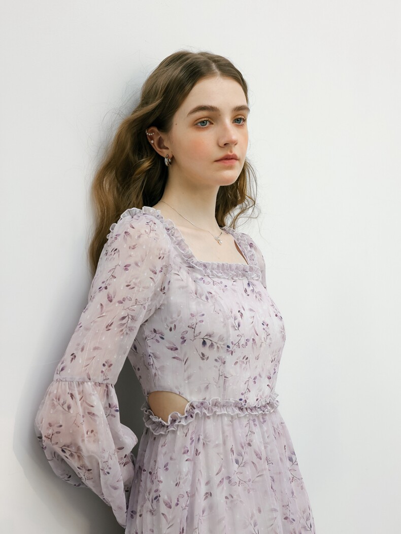 Long Sleeve Ruffle Trim Tiered Floral Dress