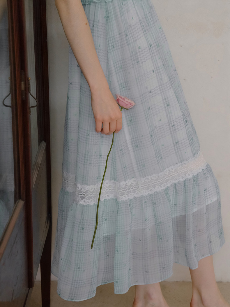 Light Blue Plaid Lace Neck Puff Sleeve Dress