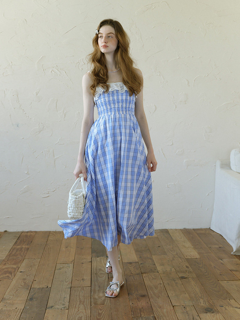 Blue White Plaid Lace Trim Slip Dress