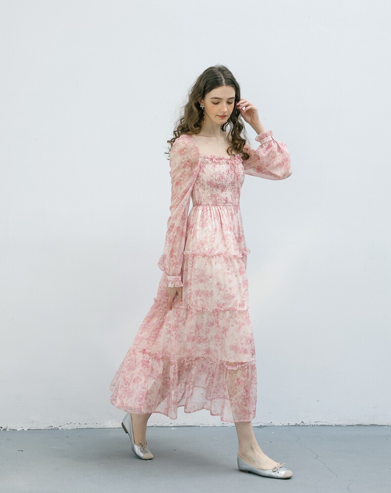 Floral Long Sleeve Tiered Chiffon Dress