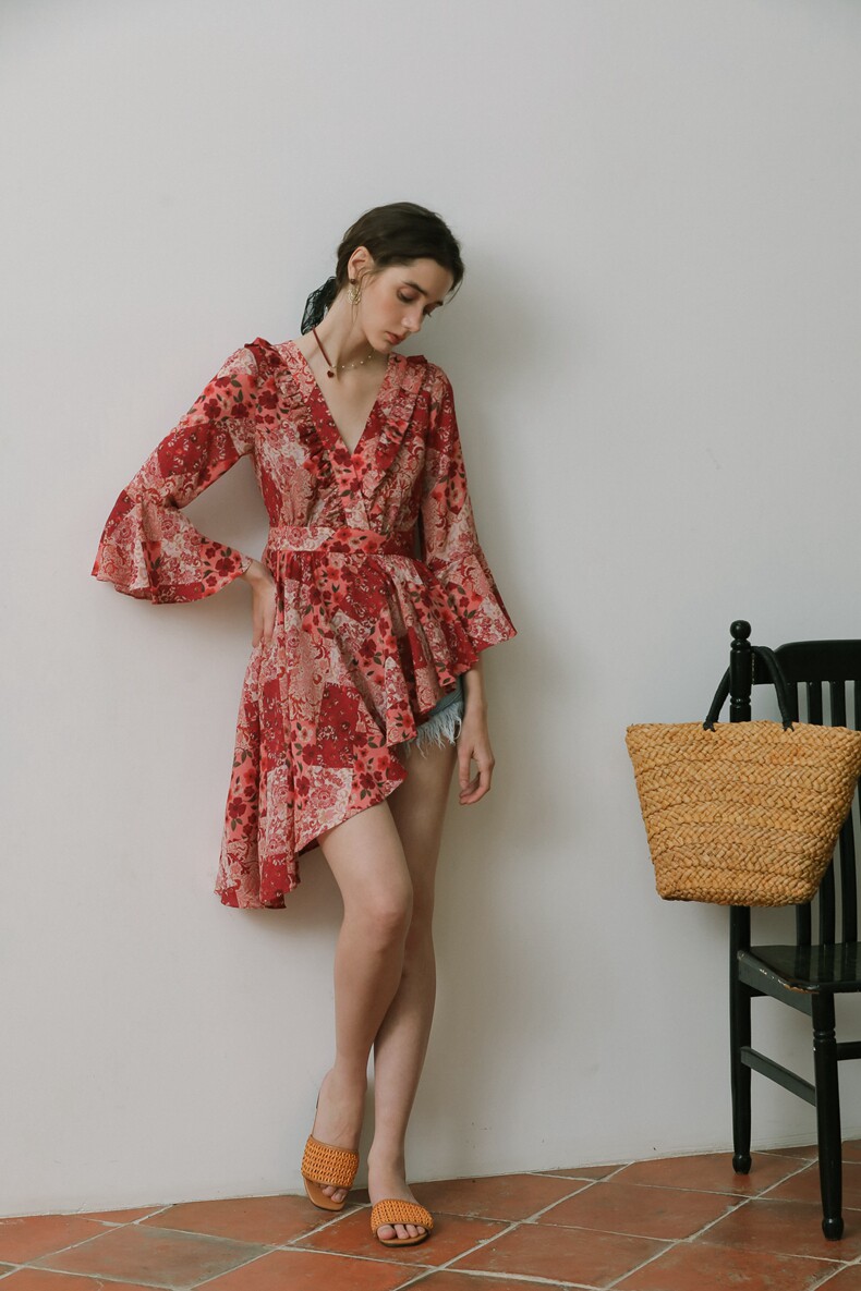 Red Print Waisted Ruffle A-Line Short Dress