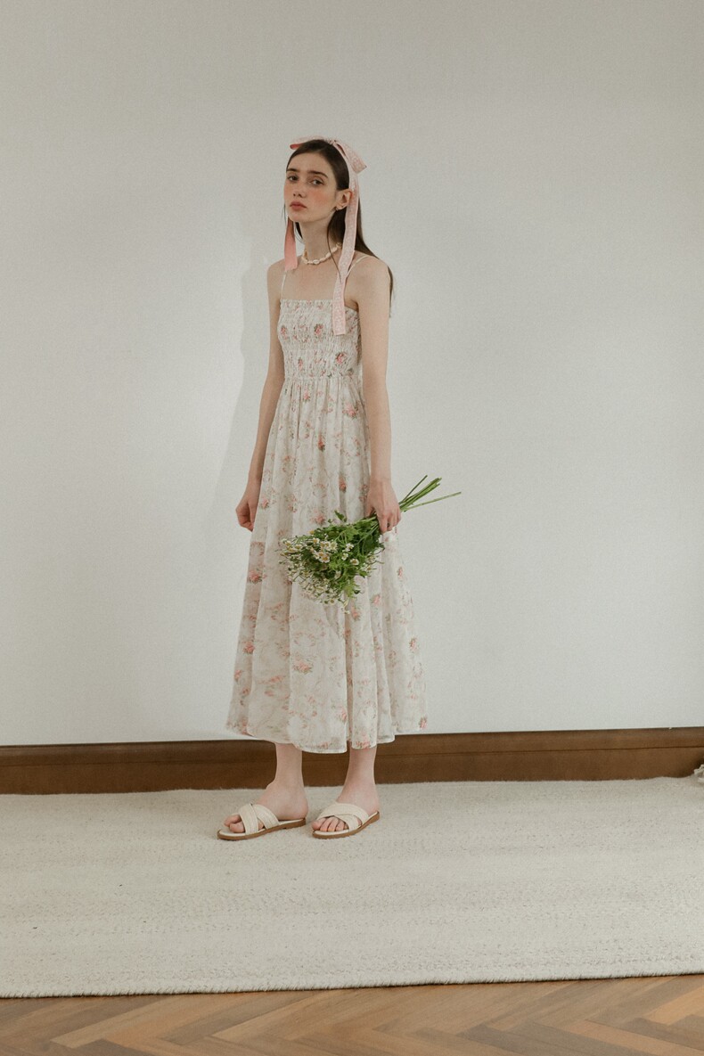 Smocked Straight Neck Floral Tiered Slip Dress
