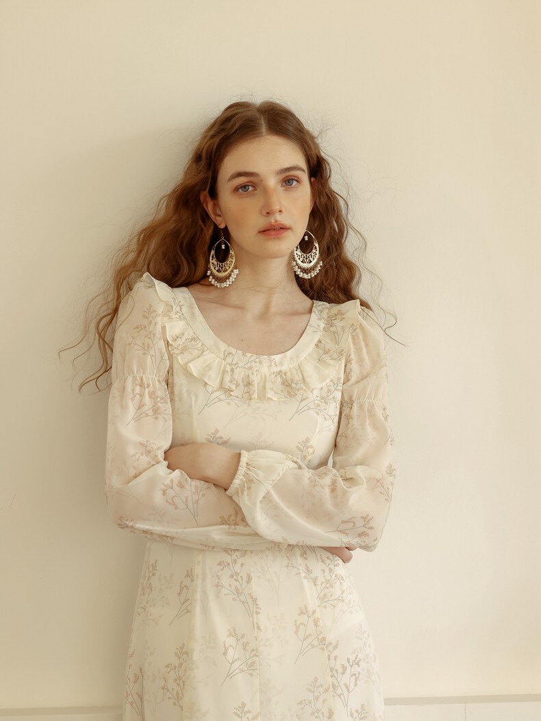 Off-white High Waist A-Line Long Sleeve Dress