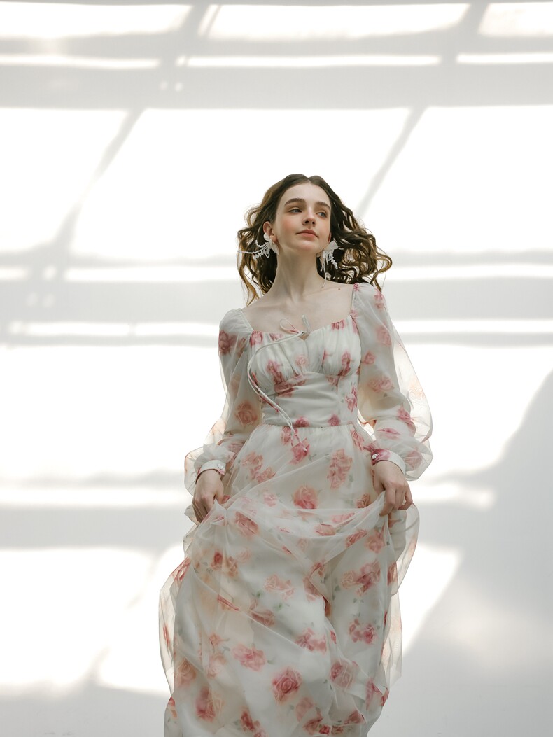 White Pink Floral Smocked High Waist Dress