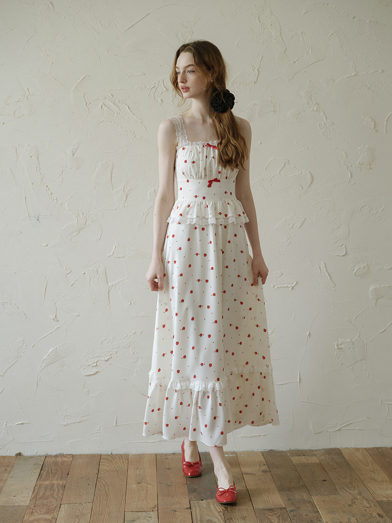 White Red Cherry Bow Wide Strap Dress