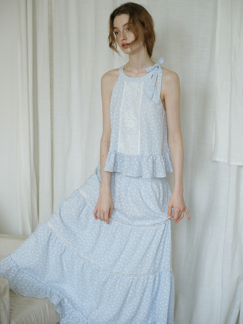Light Blue Halter Ruffle Top Tiered Skirt Set