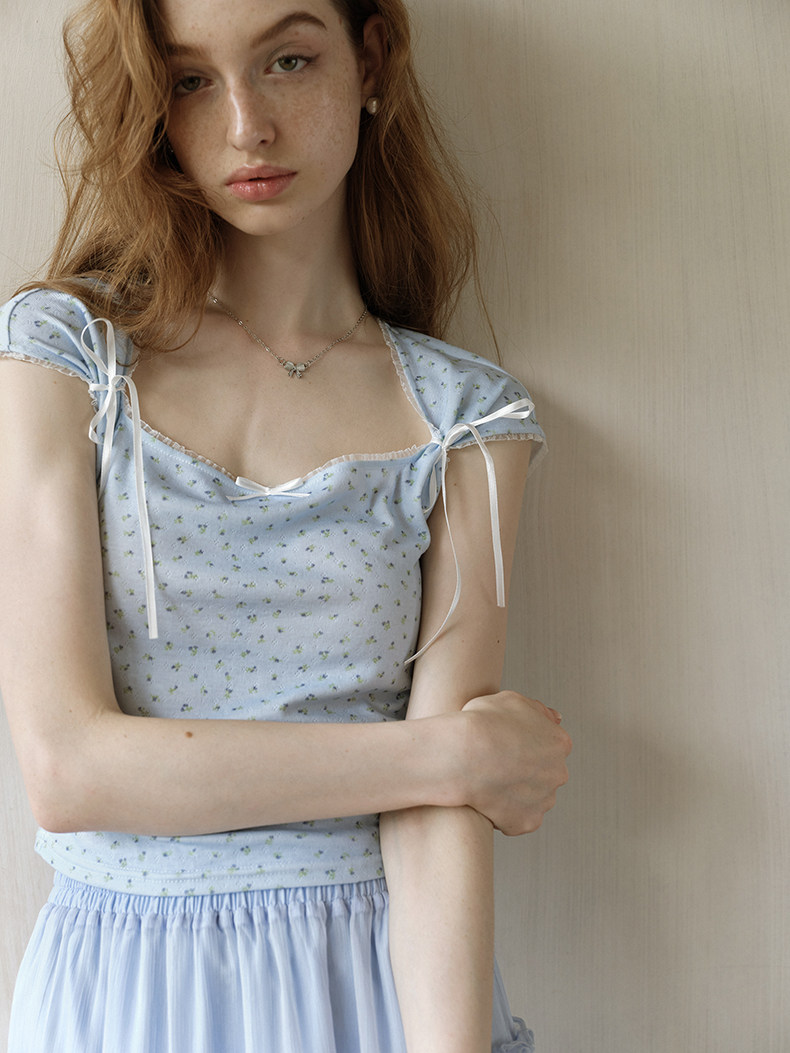 Light Blue Floral Shoulder Bow Short Sleeve Tee