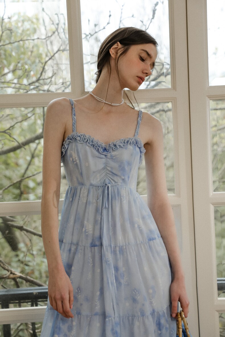 Light Blue Watercolor High Waist Tiered Slip Dress