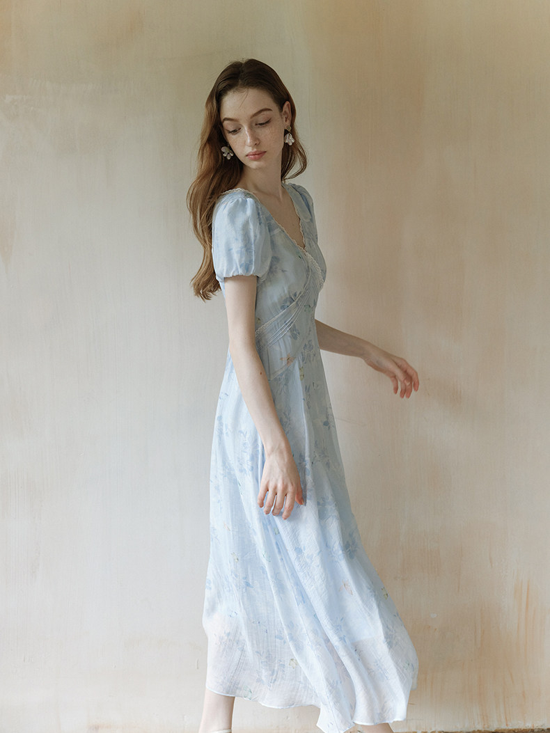 Buy Vintage Blue Puff Sleeve Tea Dress - Megustas