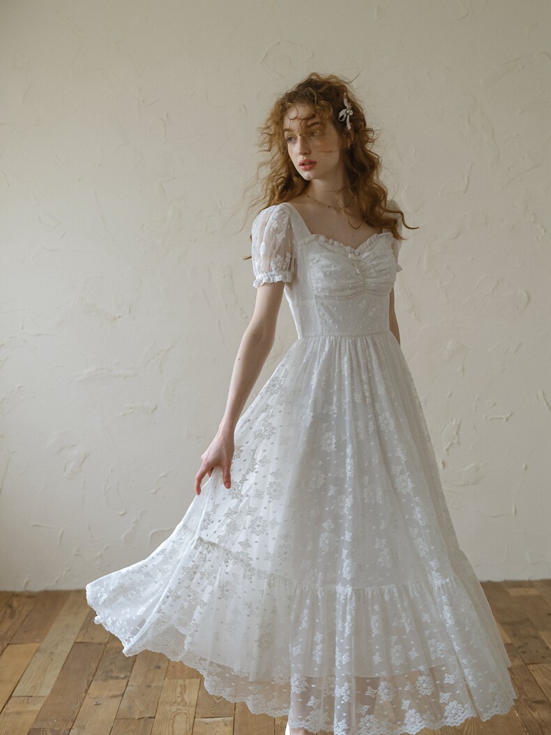 Buy Vintage White Lace Dress, Puff Sleeve A-Line Midi Dress - Megustas