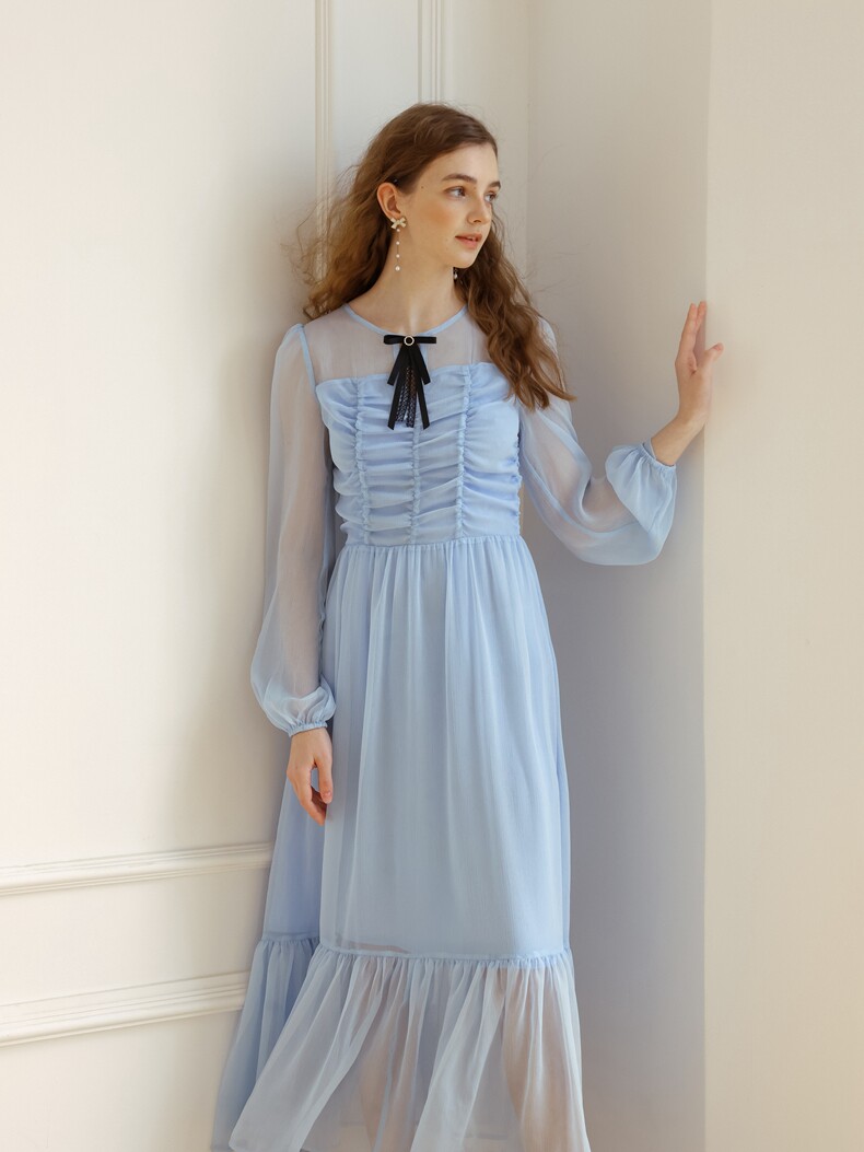 Buy Vintage Ruched High-waist Chiffon Dress - Megustas