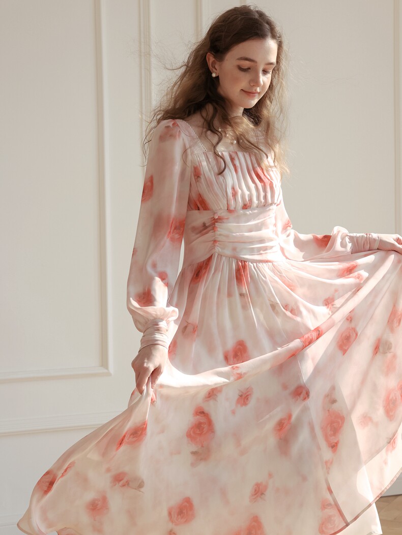 Romantic Rose Print Long Sleeve Dress