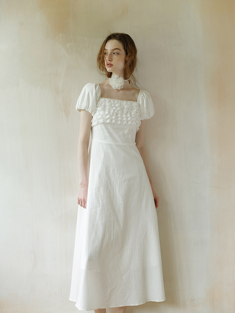 Square Neck Smocked Puff Sleeve White Dress