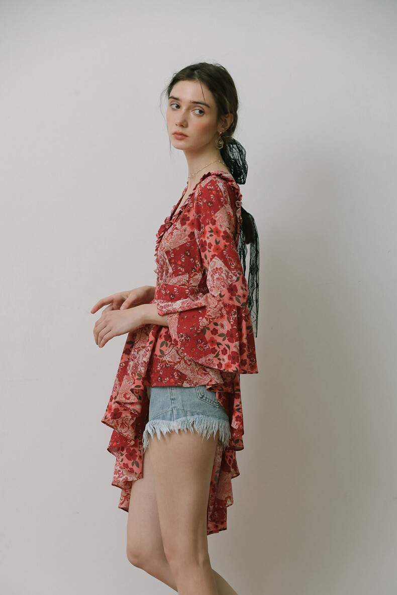 Red Print Waisted Ruffle A-Line Short Dress