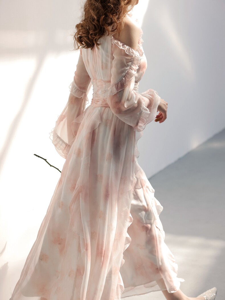 Cutout Shoulder Ruffle Sleeve Watercolor Dress